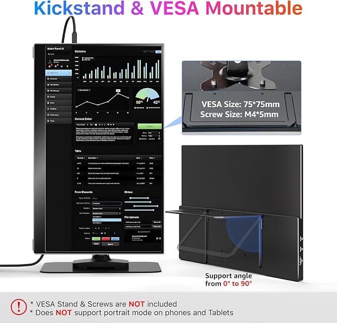 kksmart Portable Monitor for Laptop MacBook Surface PC Xbox PS5, Travel Monitor Second Screen for Laptop, HDMI USB-C VESA Compatible Built-in Speaker, 17.3