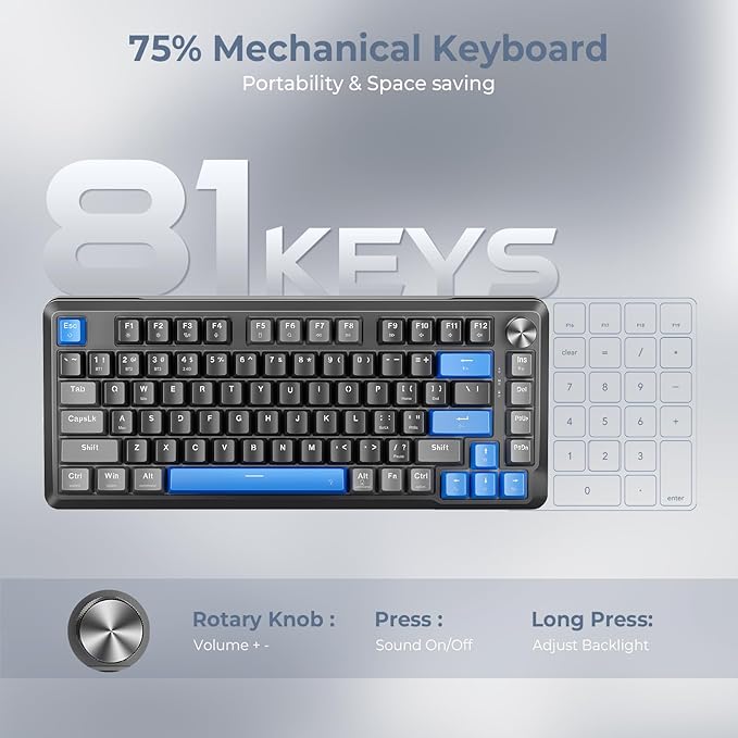 Redragon K681 Wireless Mechanical Keyboard, Gasket Mounted RGB Gaming Keyboard with Volume Knob, MDA-Profile, Pre-Lubed Linear Switches, 81 Keys 75％ Tri-Mode Hot Swappable for PC/Xbox/Ps4/5 (Blue)