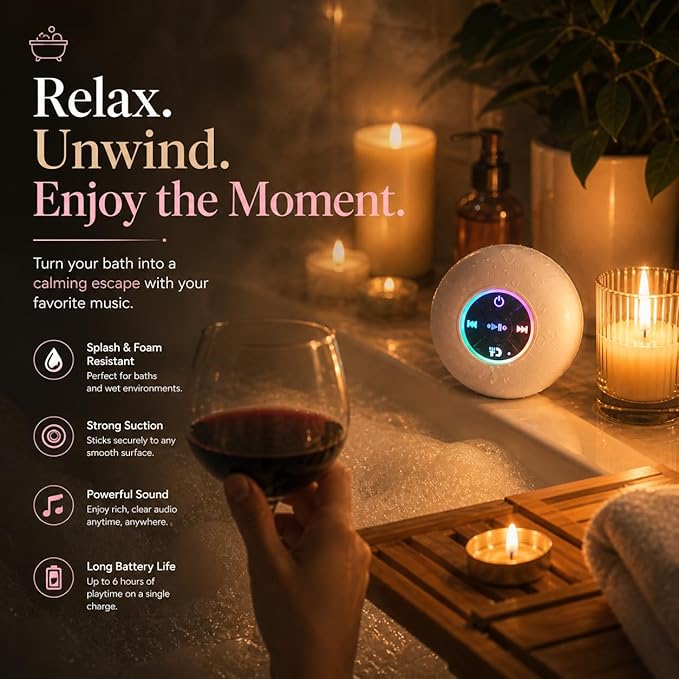 Bluetooth Shower Speaker with LED – Portable Wireless Mini Speaker with Mic & Suction Cup, IPX4 Water Resistant for Shower, Travel, Pool, River Floating, and Outdoor Fun (White)