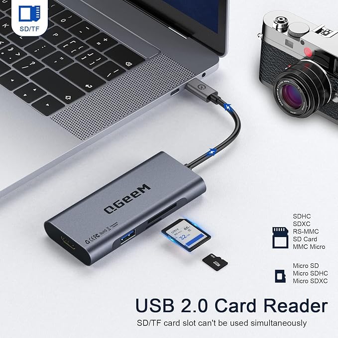 USB C Hub, QGeeM USB 4k to HDMI Adapter, 7 in 1 USB-C Dongle with 100W PD,USB 3.0, Card Reader, Compatible for MacBook iPhone 15/17 Ipad Pro max,Chromebook Laptop USB Type C Dock-Grey