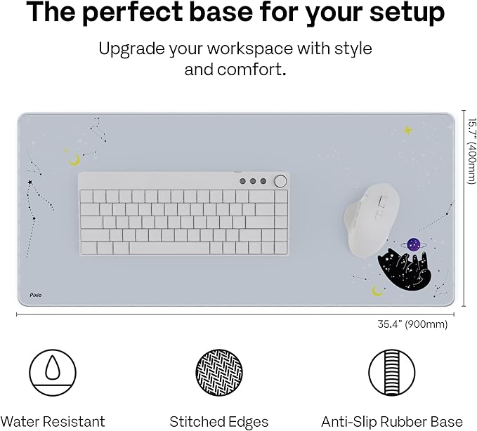 Pixio Mouse Pads - 36 x 16 inch XXL Space Kitty Cat Blue Multifunctional Large Desk Mats for Gaming, Office, Desktop Anti-Slip Waterproof Washable Computer Mouse Mat