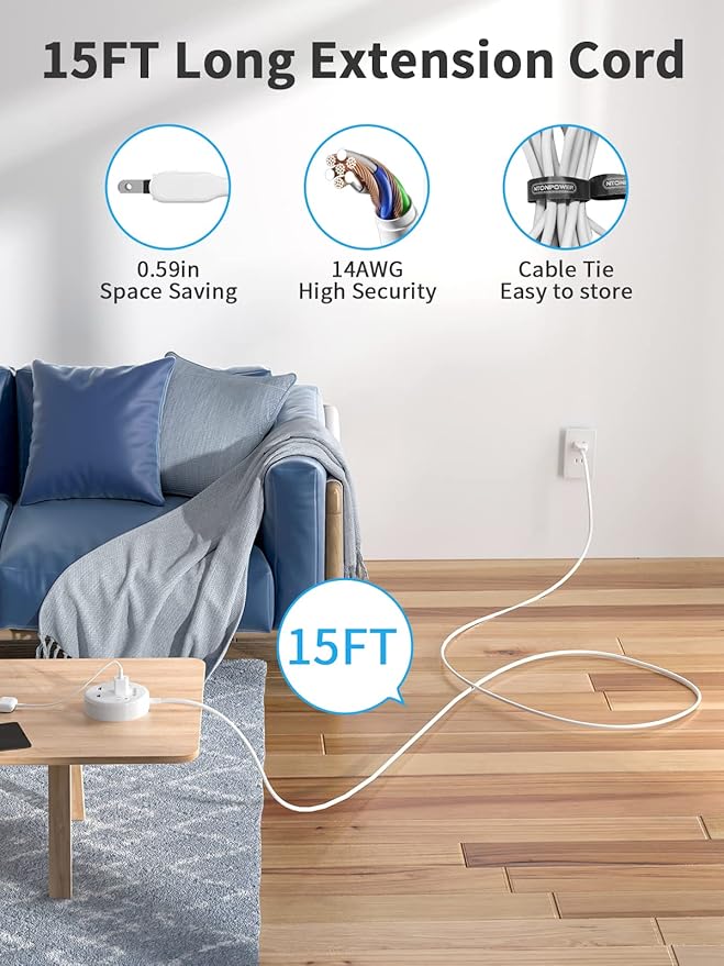 NTONPOWER Long Extension Cord 15FT, 1875W/15A 2 Prong to 3 Prong Outlet Adapter, 3 Outlets 2 USB Ports, Wall Mount 2 Prong Power Strip Flat Plug, 3 to 2 Prong Outlet Adapter for Old House, Office
