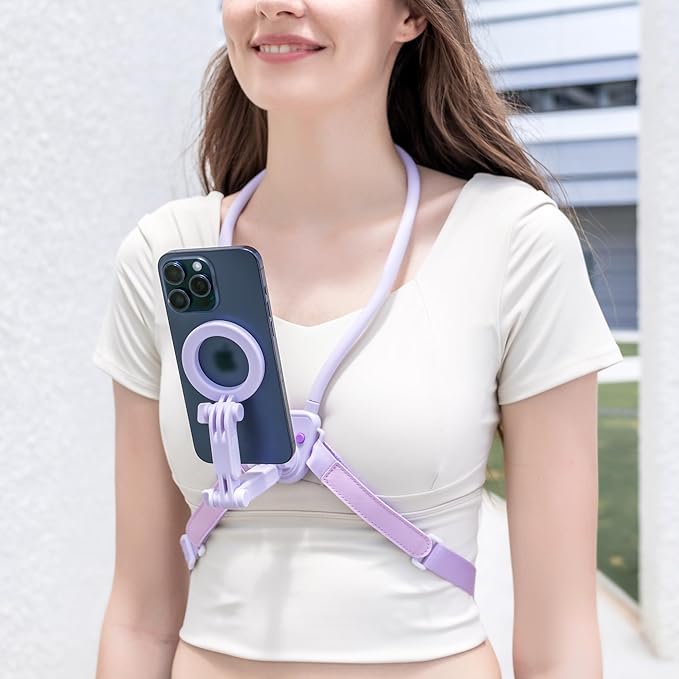 JJC Magnetic Neck Mount for Phone & Action Camera, POV Neck Holder for iPhone 17-12 Series Android Phones Gopro Insta360 with Quick Release & Angles Adjustment for Content Creating Women-Purple