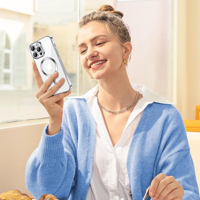 Hython Magnetic Clear for iPhone 13 Pro Case with Camera Lens Protector [Compatible with MagSafe] Luxury Plating Edge Slim Soft TPU Cover Protective Phone Case for iPhone 13 Pro 6.1", Silver