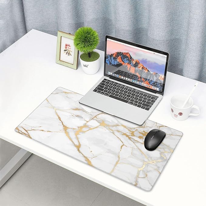 White and Golden Marble Large Extended Mouse Pads XL Mousepad with Stitched Edges Non-Slip Rubber Base Computer Keyboard Pad Desk Mat for Home Office Desk Decor, 29.5" X 15.8"