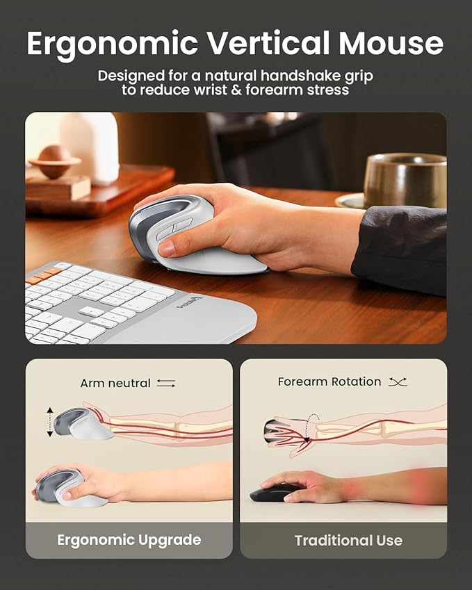 ProtoArc Ergonomic Mouse, EM11 NL Bluetooth Rechargeable Wireless Vertical Mouse, 3 Multi-Device Connectivity for Computer/PC/Laptop, 2.4GHz USB-A Optical Mice for Windows, Mac OS, White