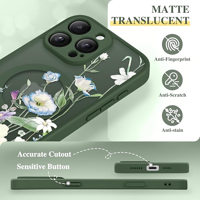 GVIEWIN for iPhone 16 Pro Max Case Compatible with MagSafe, [Military Grade Protection] [Screen Protector] Full Camera Protection Floral Translucent Women Magnetic Phone Case, Aquilegia/Forest Green