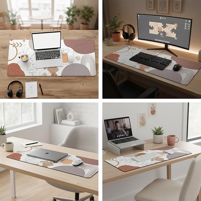 XL Boho Mouse Pad (35.4 x 15.7 Inch), Extra Large Abstract Desk Mat for Desktop, Mid-Century Modern Floral & Geometric Art, Non-Slip Waterproof Keyboard Mouse Mat, Aesthetic Desk Accessories