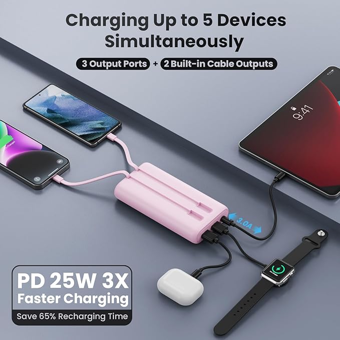 Upgraded Portable Charger 40800mAh Power Bank - Portable Battery with 2 Built in Cables,PD 25W USB C Fast Charging Battery Pack Compatible with iPhone 17 16 15 14 13 Android Phone Tablets etc-Pink