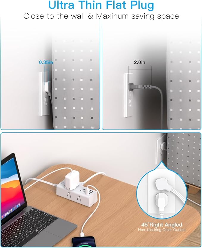 20Ft Extension Cord with Multiple Outlets, Flat Plug Power Strip Surge Protector with 20 Ft Long Cord, 6 Outlet 4 USB Ports (2 USB C), Multi Outlet Wall Plug for College, Dorm Room Essentials(White)
