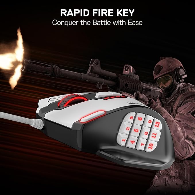 Redragon M908 Impact RGB MMO Gaming Mouse, Optical Wired Ergonomic Mouse with Max 24,000 DPI, High Precision, 18 Programmable Macro Shortcuts, Comfort Grip, Black & White