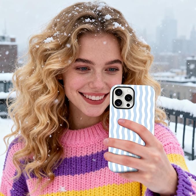 Magnetic for iPhone 15 Pro Max Case Cute Wavy Stripes Phone Case, Shockproof Slim TPU and Hard PC Protective Phone Cover Compatible with MagSafe Designed for Women Girls, Blue
