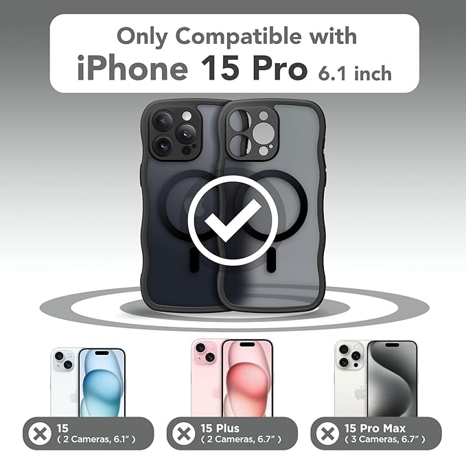 CAPRARO Cute for iPhone 15 Pro Case, Compatible with MagSafe, [Curly Wave Edge] [Full Camera Protection] [14 FT Drop Protection] Magnetic Phone Case for 15 Pro 6.1 Inch, Black