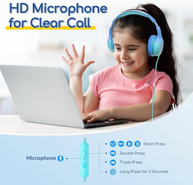 EarFun Kids Headphones Wired with Microphone, USB Type C Headphones for Kids, 85/94dB Volume Limit, Portable Wired Headphone with Shareport, Stereo Sound Foldable Headset for School/Tablet/PC, Cyan