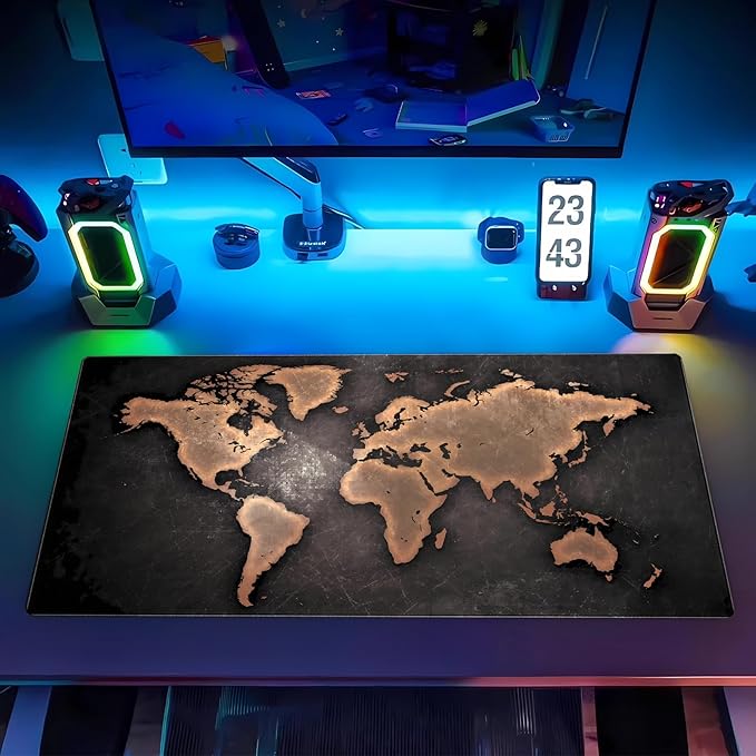 World Map Gaming Mouse Pad XXL Large Vintage Style Full Desk Mat Extended Keyboard Pad with Stitched Edges, Non-Slip Base (31.5" x 15.7")