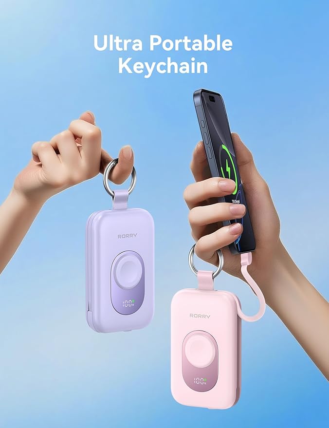 RORRY CharmGo Portable Charger, 20000mAh PD 30W Portable Charger Power Bank with 2 Built-in Cables, Fast Charging Battery Pack with Keychain, Travel Essentials for iPhone, Apple Watch, iPad, Coral