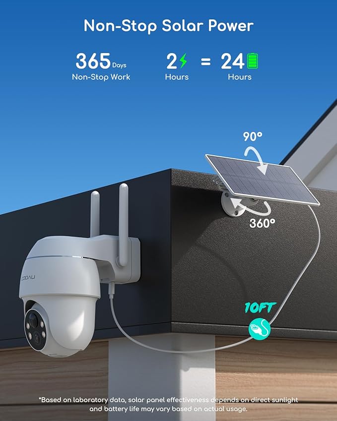COOAU 4MP Solar Security Cameras Wireless Outdoor, 64GB Local Storage Outdoor Camera Wireless System, 360° Home Security, 5GHz & 2.4GHz WiFi, No Monthly Fee, Color Night Vision, PIR Motion Detection