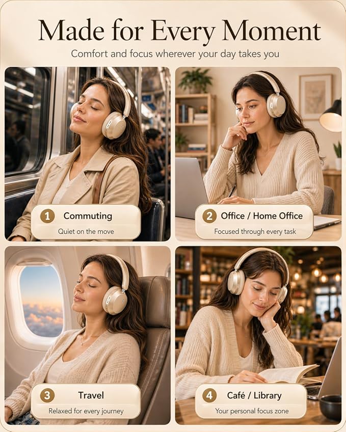 Wentronic Y05 Active Noise Cancelling Over Ear Headphones, Bluetooth 5.3 Wireless Headphones with Mic, 48H Playtime, USB-C Fast Charging, Hi-Res Audio, Starlight