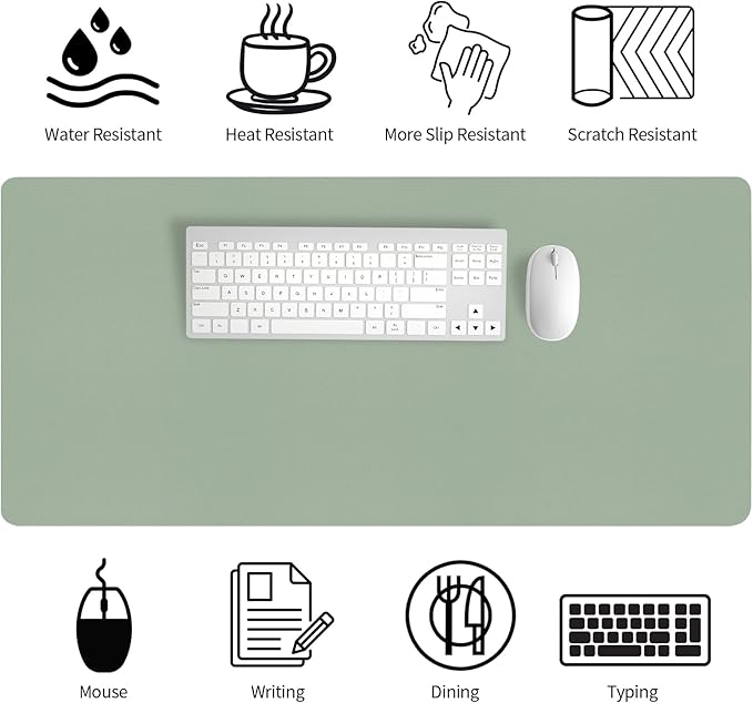 Bloss Leather Desk Mat, Large Mouse Pad, Non-Slip Desk Protector Mat, Leather Desk Blotter, Waterproof Desk Pad for Office Home Decor/Grey Green(35.4×15.7 Inches)