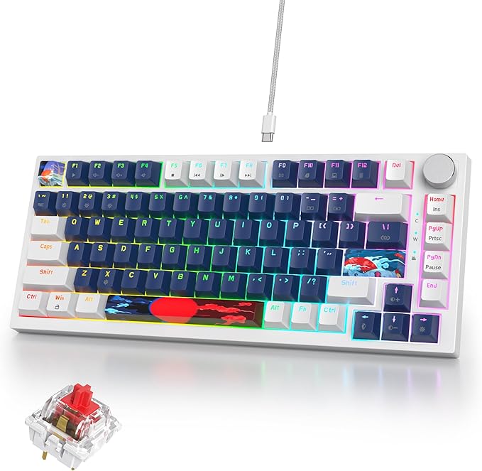 75% Mechanical Gaming Keyboard, Hot Swappable RGB Backlit Custom Keyboard with Knob, Gasket Mount USB Wired, 82 Keys White Blue Linear Red Switch (82 White Blue)