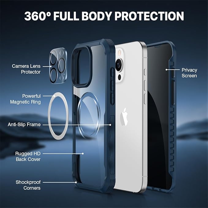 CENHUFO Magnetic Privacy for iPhone 16 Pro Case [Compatible with Magsafe] Full Body Phone Case Built-in 9H Tempered Glass Privacy Screen Protector and Camera Lens Cover, Shockproof Bumper - Blue