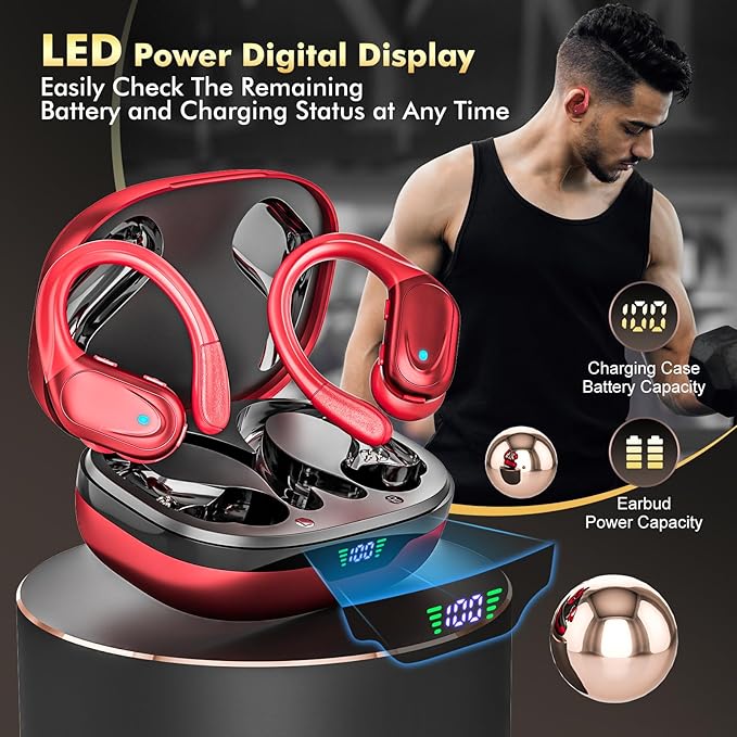 HAOYUYAN Wireless Earbuds, Sports Bluetooth Headphones, 80Hrs Playtime Ear Buds with LED Power Display, Noise Canceling Headset, IPX7 Waterproof Earphones for Workout/Running (Red)
