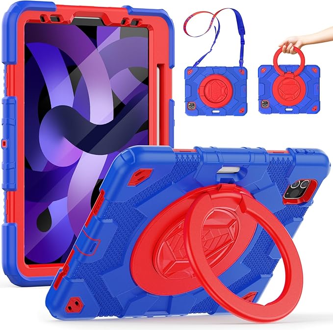 SCSVPN Kids Case for iPad Air 5th/4th Generation 10.9-inch 2022/2020 & iPad Pro 11'' 4th/3rd/2nd/1st Gen 2022 2021 2020 2018 Protection Case with Pen Holder, Stand, Handle, Shoulder Strap, Red Blue