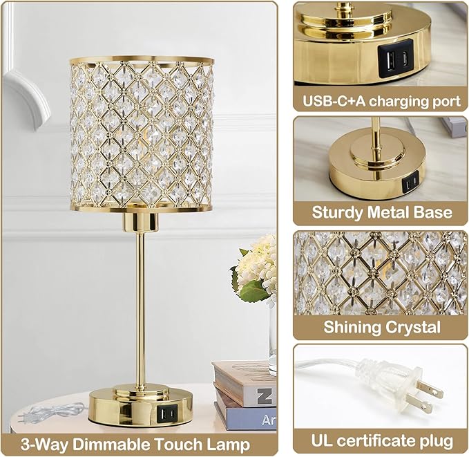 GyroVu Crystal Table Lamp for Bedroom, Touch Control Bedside Lamp with USB-C+A Ports, Dimmable Gold Bedside Lamp with Bulb, Nightstand Lamp Modern Light for Living Room