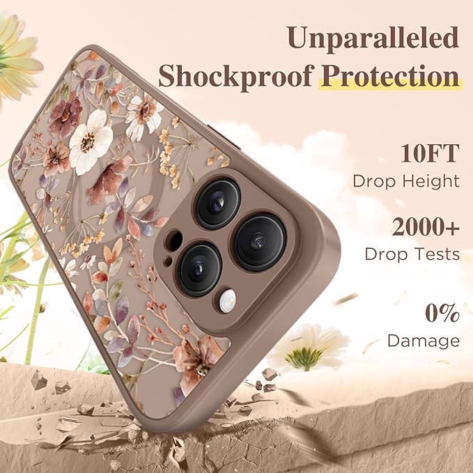 GVIEWIN for iPhone 16 Pro Case Compatible with MagSafe, [Military Grade Protection] [Screen Protector] Full Camera Protection Floral Translucent Women Magnetic Phone Case, Corn Poppy/Brown