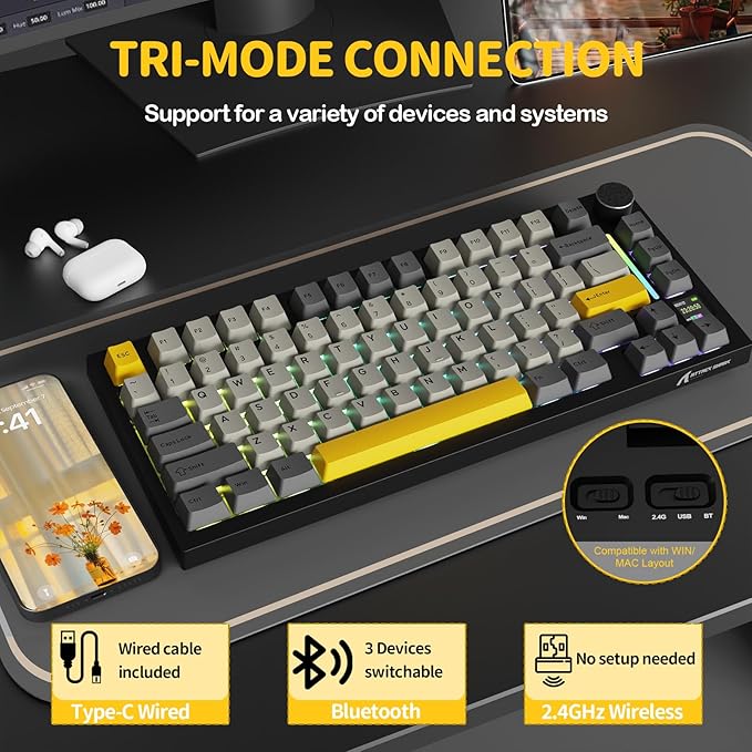 ATTACK SHARK X820 Ultra 75% Wireless Gaming Mechanical Keyboard Hot-Swappable Gasket Mount RGB Backlit BT/2.4G/Wired Custom Keyboard with Smart TFT Display&Knob QMK Driver-Star Black&Gift Switch