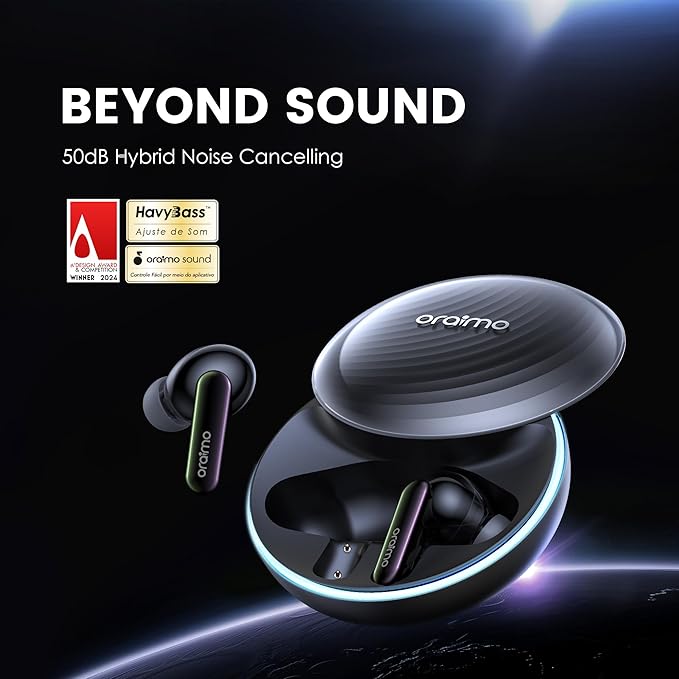 Oraimo SpaceBuds ANC Wireless Earbuds, 50dB Noise Cancelling Bluetooth Earbuds, 4-Mic Clear Calls in Ear Headphones, Heavy Bass, Personalized Light Effects, Slide Design, App Control, 40H Play