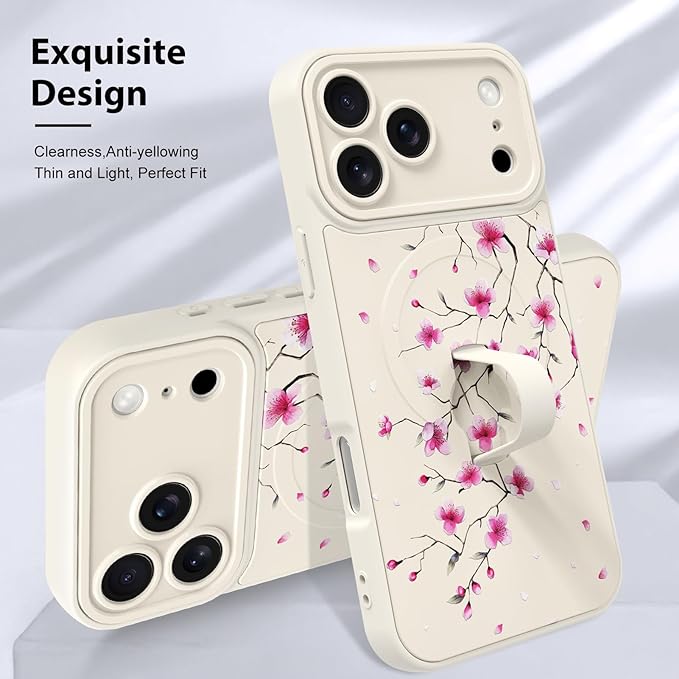 KANGHAR Compatible with iPhone 17 Pro Max Case, Magnetic Compatible with MagSafe, Cute Flower Floral Pattern Wristband Kickstand Full Camera Lens Shockproof Protective Case for Girls Women, White
