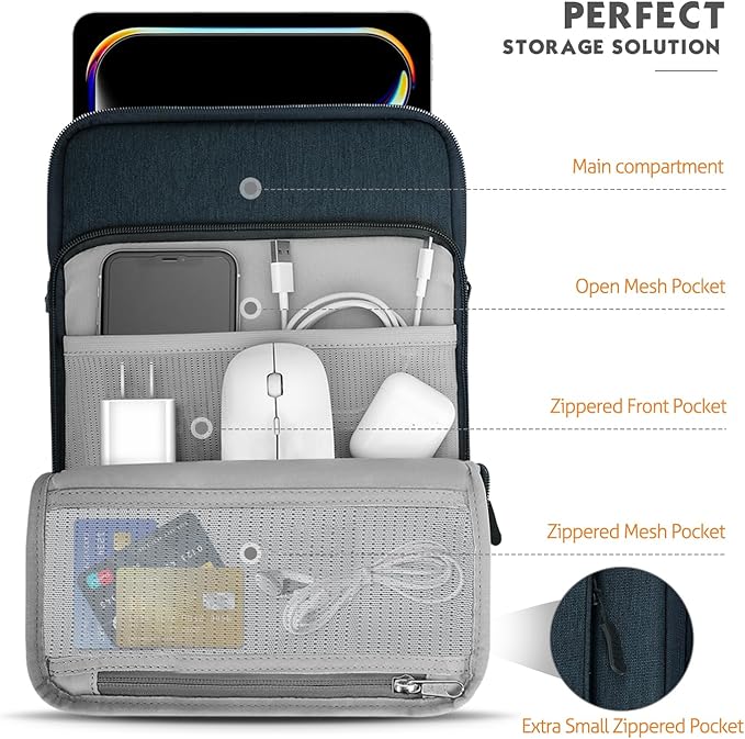 MoKo 10-13 Inch Tablet Sleeve Bag Carrying Case with Pockets Fits New 13-inch iPad Air M4 2026 & Pro M5,Pro 12.9/11,iPad 10th/Air 5/4th 10.9,i-Pad 7/8/9th 10.2, Galaxy Tab S8+/S9+ 12.4, Indigo