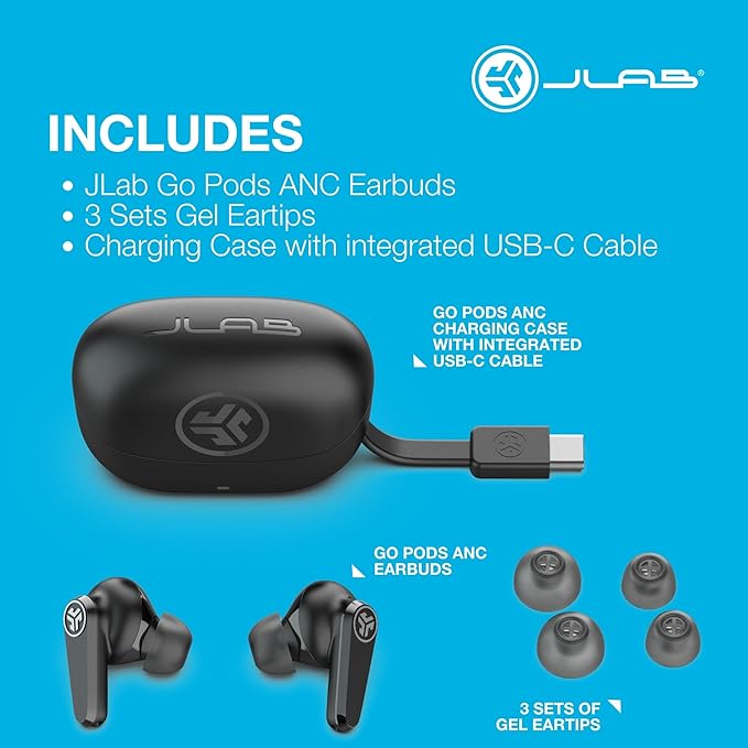 JLab, Go Pods ANC, True Wireless Earbuds, Active Noise Cancelling, Bluetooth, Sage