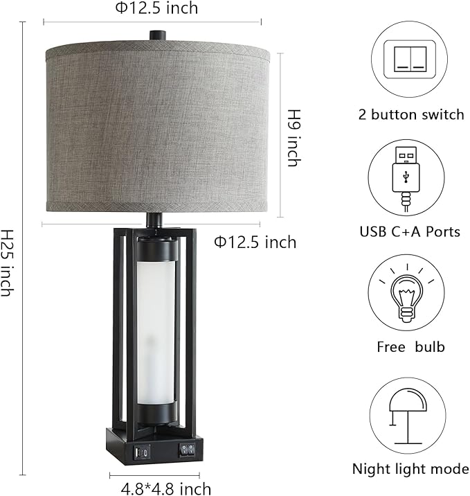 Set of 2 Modern Table Lamps for Living Room with USB C+A Ports, Rustic Nightstand Lamp with White Night Light, Retro Desk Lamp for Bedroom End Table Entryway, 4 Bulb Included (Black)