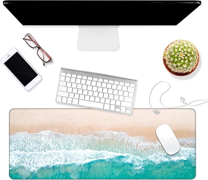 Thin Extended Gaming Mouse Pad （31.5 * 11.8 * 0.08 inch） with Stitched Edges Large Mousepad Long XXL Keyboard and Mouse pad Desk Mat for Gaming Office & Home - Blue Sandy Beach