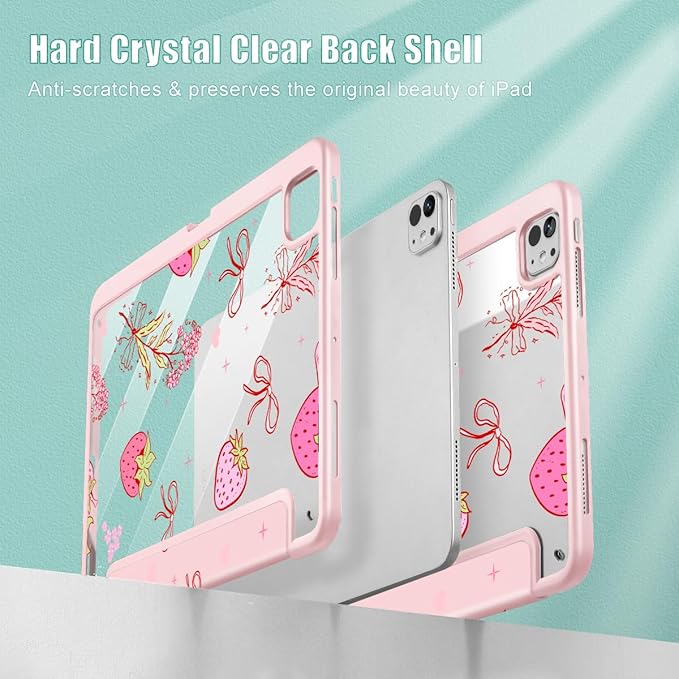 May Chen Case for iPad Pro 11-Inch M5/M4 2025/2024 (6th/5th Generation), Clear Transparent Print Back Shell Slim Stand Shockproof Tablet Cover, Auto Wake/Sleep, Strawberry Bow