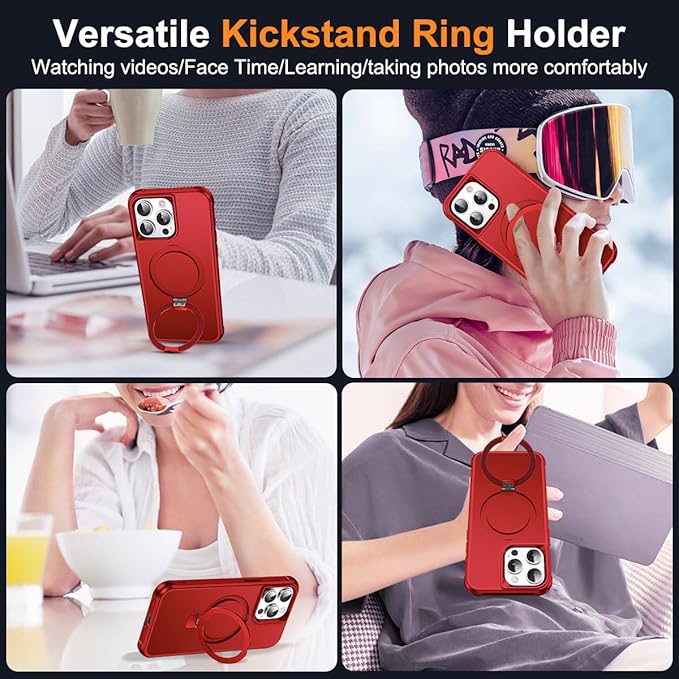 SKYLMW Compatible with iPhone 15 Pro Max Case with Invisible Magnetic O-Ring Stand Military-Grade Case for iPhone 15 ProMax 6.7" [Compatible with Mag-Safe][Great Grip Feeling], Red