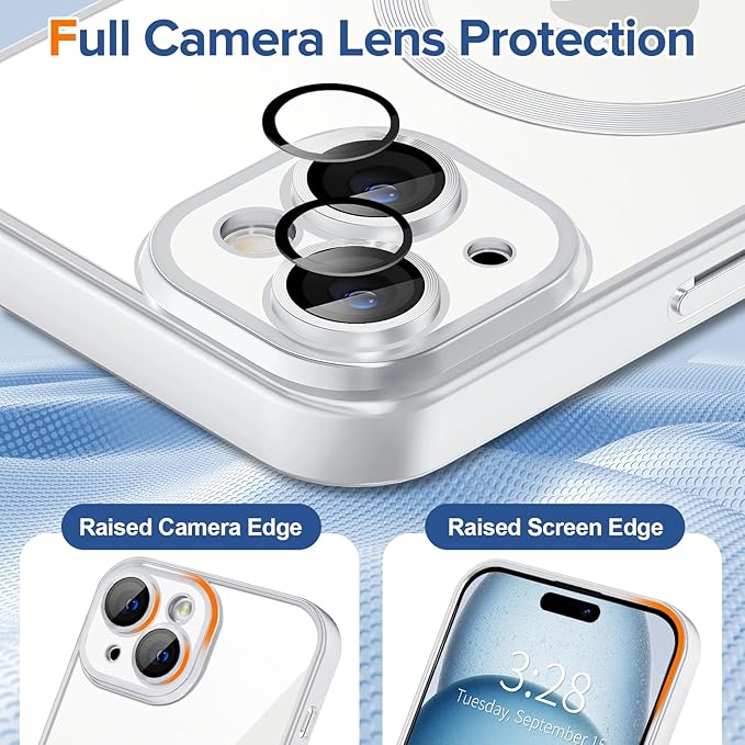 Hython Magnetic Clear for iPhone 15 Case with Camera Lens Protector [Compatible with MagSafe] Luxury Plating Edge Slim Soft TPU Cover Protective Phone Case for iPhone 15 6.1", Matte Silver