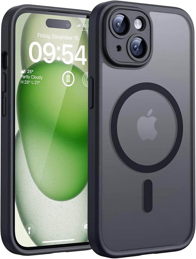 TOCOL Magnetic for iPhone 15 Case, Upgraded Full Camera Protection, Compatible with Magsafe, Drop Protection, Translucent Matte Back Bumper Phone Cover 6.1-Inch（Matte Black）