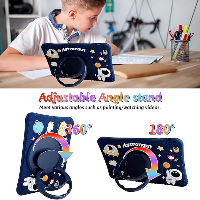 Dteck for iPad 9th/8th/7th Generation Case 10.2",Cute Cartoon Funda 3D Unique Design Light Rotating Handle Stand Shoulder Strap Soft Silicone Drop Rugged Shockproof Protective Kid-Proof Case,Spaceman
