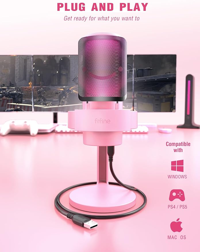 FIFINE USB Streaming Gaming Microphone, PC Condenser Desktop Mic for Video, Home use, YouTube, with RGB Control, Gain Knob, 3.5mm Headphone Jack, Shock Mount, on Computer/PS5-AmpliGame A8 Pink