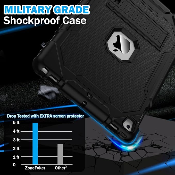 ZoneFoker 9.7" Case for iPad 6th/5th Generation 2018/2017, for iPad Air 2 / Air 1st / Pro 9.7, Heavy Duty Shockproof Protective 9.7 Inch Cover with Built-in Stand for i Pad 6 5 Gen(Black)