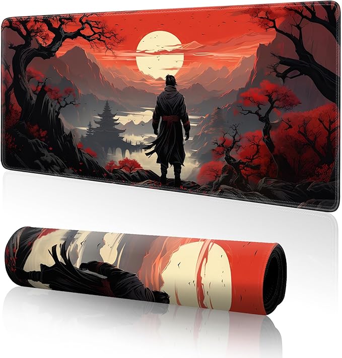 Japanese Samurai Gaming Mouse Pad,Anime Mouse Pad Gaming 31.5 x 11.8 in Mouse Mat Desk Pad,Large Desk Mat,Extended Keyboard Pad Mousepad with Non-Slip Base and Stitched Edge for Office Home Gaming