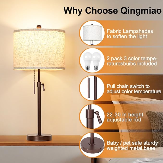 Qingmiao Table Lamps Set of 2, 22" to 30" Adjustable Nightstand Lamps for Bedroom, Dimmable End Table Lamps for Living Room Console Entry Farmhouse Home Decor, New House Warming Gifts