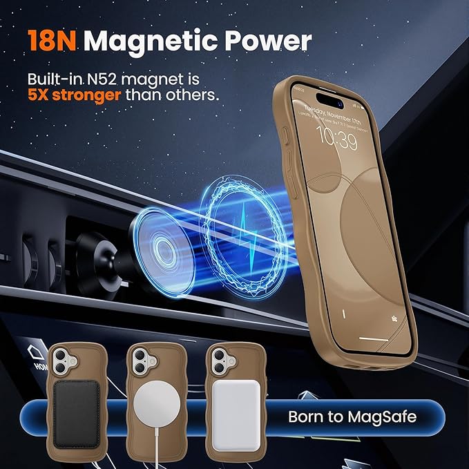 toushion for iPhone 17 Case Cute Brown,Fits MagSafe,Matte Skin Feeling Back,Curly Wave Edge,Slim & Durable & Stylish,Cover Military-Grade Protection