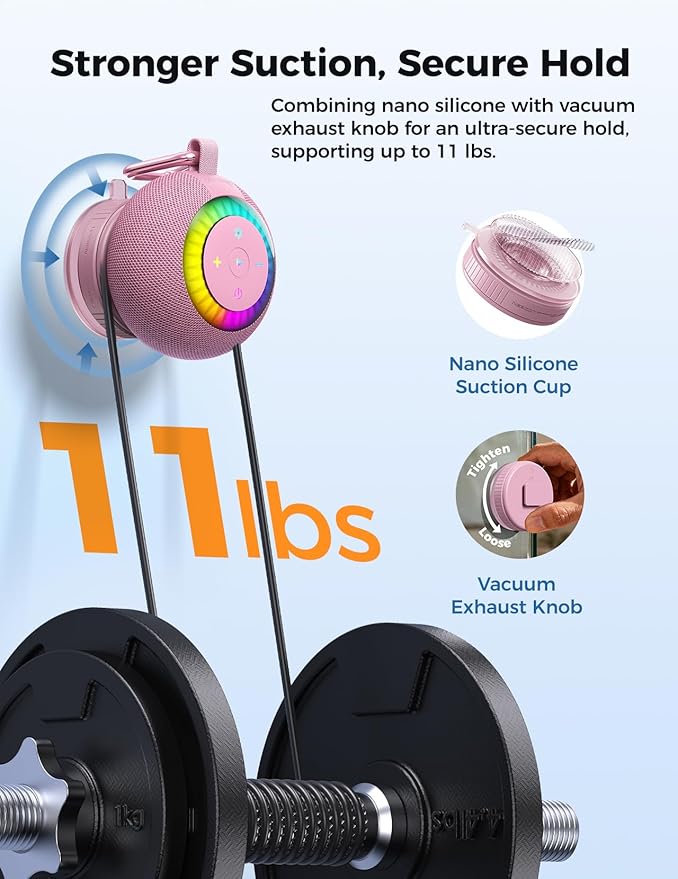 Shower Speaker Bluetooth Waterproof Portable: 360° Surround Sound, IPX7 Suction Cup Removable with Vacuum Exhaust Knob, RGB Lights, Beach/Pool/Camping/Kayak Essentials, Gifts for Mom Teens-Pink