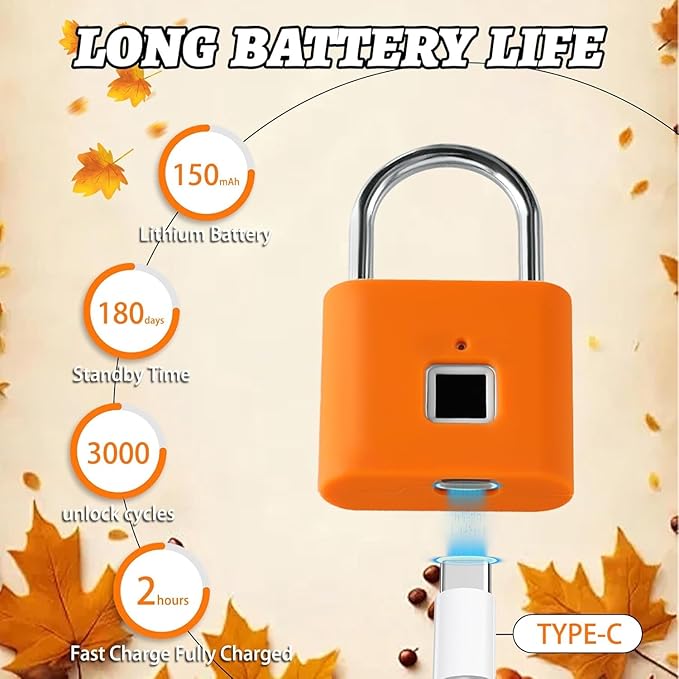 UMIKSMART Fingerprint Padlock, Keyless Fingerprint Padlock with USB Charging, Smart Keyless Padlock for School Locker, Gym Locker, Backpack and Travel Bag, Gift for Kids, Teens and Friends