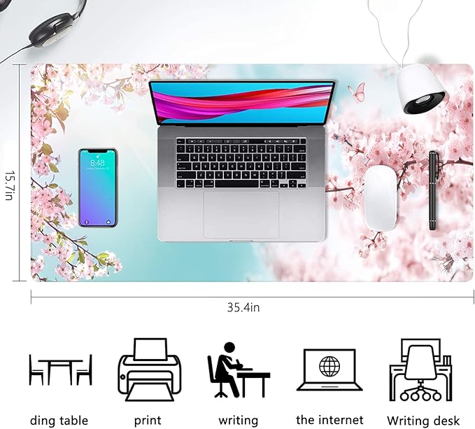 Extended Large Gaming Mouse Pad Dreamy Romantic Pink Sakura Butterflies XXL Size Keyboard Mouse Mat Desk Pad with Non Slip Rubber Base Stitched Edges Office Decor for Women Girls Men,35.4 x 15.7inch