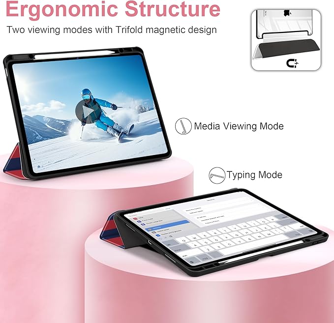 Case for iPad Air 13 inch M4 2026 M3 2025 M2 2024 Release with Pencil Holder Clear Back Shell Lightweight Shockproof TPU Edge Trifold Stand Auto Wake Sleep Cute Cover, Red Blue Stripes